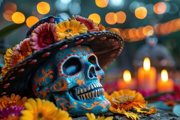 Brightly colored skull with a sombrero, adorned with flowers, surrounded by candles on a De Los Muertos altar in memory of ancestors.
