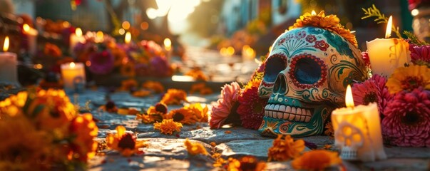 Fototapeta premium Vibrant skull adorned with flowers, encircled by candles on a De Los Muertos altar, honoring ancestors' memory. 