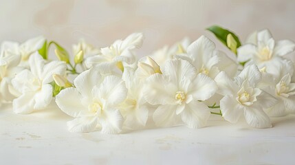 Fototapeta premium panoramic shot of jasmine flowers on white surface