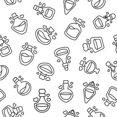 Love potion. Seamless pattern. Coloring Page. Stoppered glass bulb with heart. Aphrodisiac flask. Valentine's day. Hand drawn style. Vector drawing. Design ornaments.