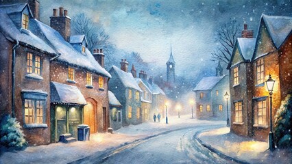 Winter scene in a snow covered old-fashioned English town street with snow covered road and old shops with lights in the windows, watercolor