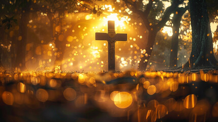 A Christian cross in a misty forest clearing at sunrise, with rays of light filtering through the trees to cast an enchanting golden bokeh around the cross, creating a scene of mystical allure.