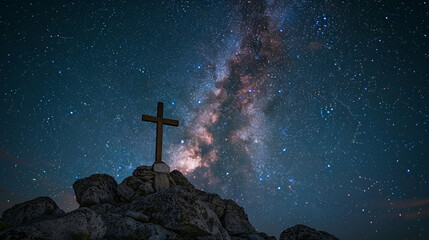 A Christian cross on a rocky peak under a galaxy-filled night sky, with the Milky Way stretching vividly above, emphasizing the cross's isolation and the vastness of the universe.