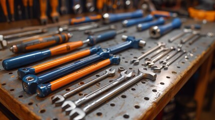 Fototapeta premium Assortment of Hand Tools on a Metal Workbench