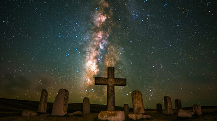 A Christian cross in the center of a circle of ancient standing stones, under a starry sky, with the Milky Way visible above, linking ancient history with celestial beauty.