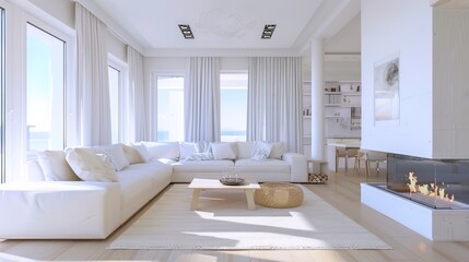bright living room interior, dominated by neutral shades and soft daylight. The focal point is the white sofa, harmoniously positioned in front of the elegant fireplace, creating a cozy and stylish at