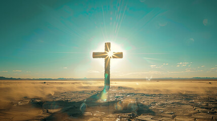 A Christian cross in the middle of a desert, shining under the intense noon sun, with a clear blue sky and heat mirages creating a shimmering effect around it.