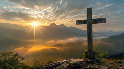 A Christian cross at a mountain retreat, with the early morning fog and rising sun behind the mountains creating a serene golden bokeh that brings a sense of peace and renewal.