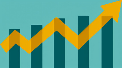 Bar graph with teal bars, yellow upward arrow on teal background. Image represents growth, progress, and positive performance, highlighting financial success, business development, and data analysis.