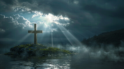 A Christian cross on a small island in the middle of a lake, illuminated by a beam of sunlight breaking through heavy clouds, creating a focal point of light in a darkened landscape.