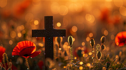 A Christian cross in the middle of a poppy field at dawn, with the light of the sun creating a shimmering golden bokeh effect through the morning dew on the flowers.