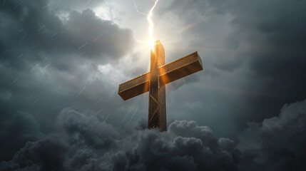 A dramatic image of a large Christian cross illuminated by a single ray of sunlight piercing through a stormy cloud cover.