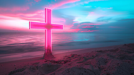 A glowing Christian cross on a sandy beach at twilight, with the pink and blue hues of the sunset sky reflecting off the calm ocean waters, creating a tranquil and spiritual atmosphere.