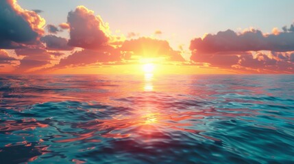 Obraz premium 3D rendering of a sunset in the middle of the sea.