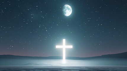 A minimalist scene featuring a Christian cross glowing luminously under a full moon, set against a starry night sky. 