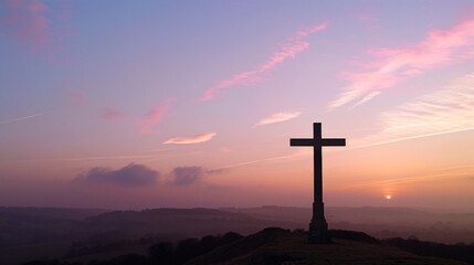 A serene dawn sky with soft pastel colors as the backdrop for a silhouetted Christian cross on a distant hilltop, bathed in the gentle light of the rising sun.