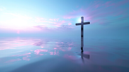 A surreal image of a Christian cross floating above a calm lake, reflecting brightly in the water. The sky is a gradient of twilight blues and purples, adding a mystical aura to the scene.