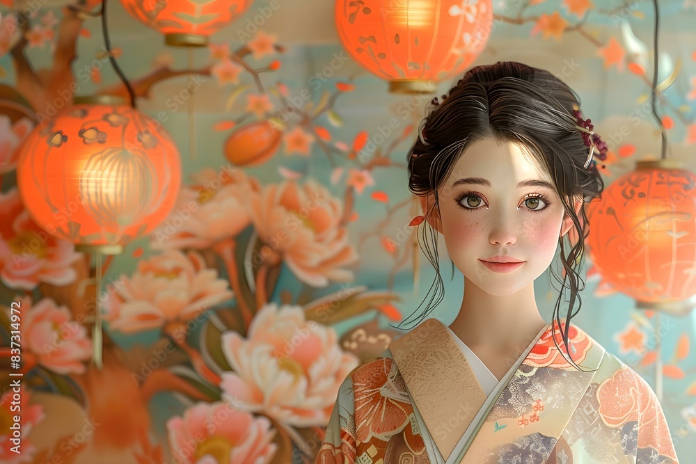 Poster Asian Woman in Traditional Dress with Red Lanterns