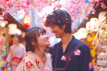 Tanabata holiday, Japanese culture concept. Emotional portrait of lovely asian couple laughing together during celebration on the street. Outdoor shot - Powered by Adobe