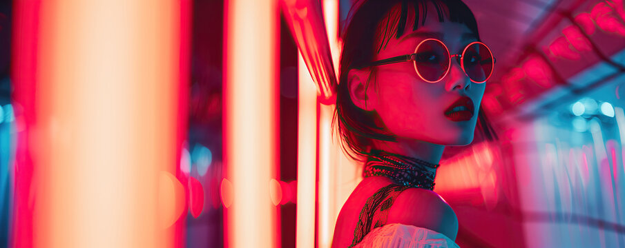 Cyberpunk party concept. Close up profile portrait of asian young woman wearing trendy sunglasses in night club. Neon lights. Banner style. Cool atmosphere. Text space. Indoor shot