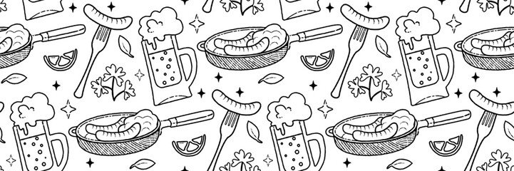 Frying pan with sausages and potatoes outline seamless pattern. Beer snacks, sausage on fork.