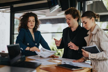 Young business partners working remotely at a coffee bar, solving project tasks, analyzing reports,...