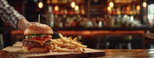 Banner of cheeseburger on sesame seeds buns with apple and cheese on wooden board with fries