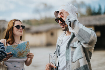 Joyful tourists on vacation in an old town, navigating with a map in one hand and refreshing soda...
