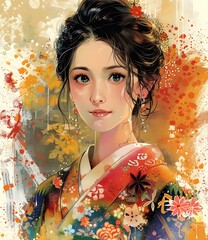 Beautiful Asian Woman Wearing Traditional Kimono With Floral Pattern