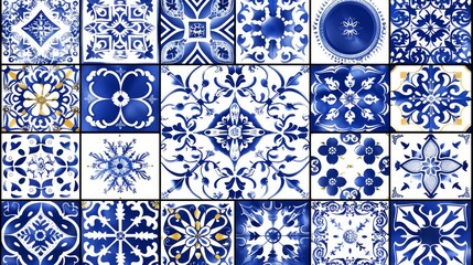 A set of 16 traditional Azulejos tiles in blue and white, showcasing classic Portuguese and Spanish decor.


