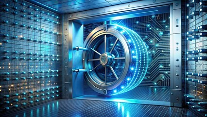 Digital data streaming out of a vault illustrating a data breach and cybersecurity concept