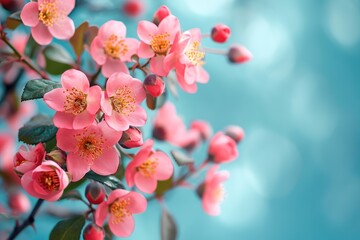 Blooming pink rose bushes isolated on blue background.