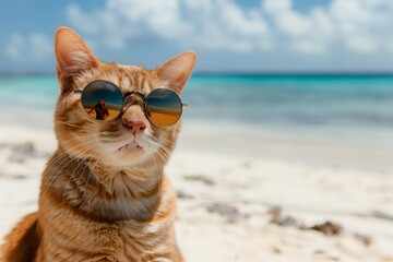 Cool Cat Wearing Sunglasses, Stylish Ginger Feline at Beach, Summer Vacation, Ocean Reflection, Coastal Nature