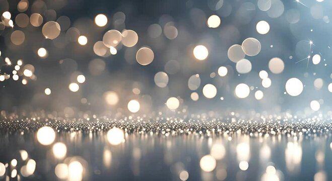 Elegant bokeh lights on a shimmering silver background for festive designs. Abstract silver glitter with soft focus lights for luxury backgrounds. Soft glowing particles on a reflective surface