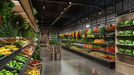 A bustling supermarket fruit and vegetable zone filled with fresh produce.

