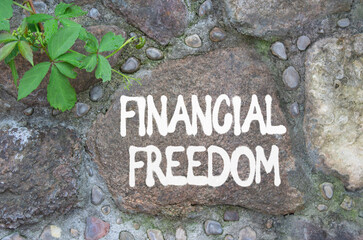 Financial freedom symbol. Stone wall with words Financial freedom. Beautiful stone background....