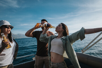 Group of happy friends enjoying a boat trip on a lake with beers, showcasing relaxation and...