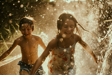 Obraz premium Two happy children running through a sprinkler in the summer