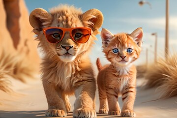 Obraz premium cute red tiger cub and kitten, walking along the road in the desert