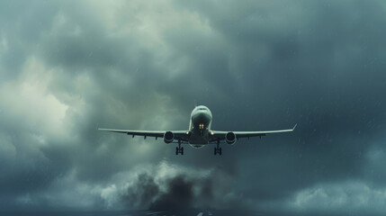 A jet airliner takes off into a stormy sky