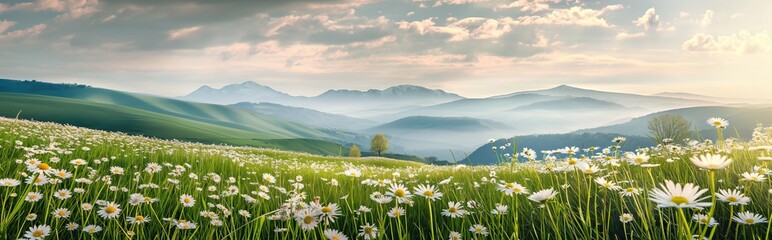 Beautiful spring and summer natural panoramic pastoral landscape with blooming field of daisies in the grass in the hilly countryside