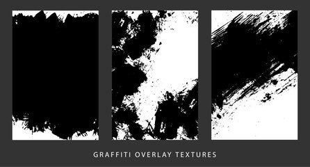 Set of 3 transparent vector graffiti grunge ink abstract dirty poster background texture overlay. Place artwork over any image to make distressed effect