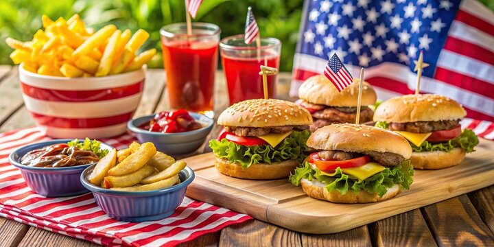 Picnic Table With American Flag Tablecloth, Juicy Burgers, Crispy Fries And Assorted Condiments For 4th Of July Celebration