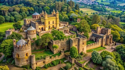 Aerial view of Fusillades Castle in Gondar, Ethiopia with green trees and old buildings