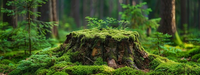 Banner of close-up of a large old spruce stump abundantly overgrown with moss in the forest - Powered by Adobe