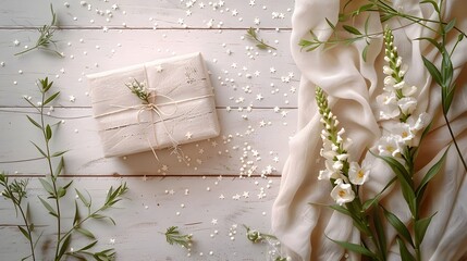 Elegant Beige Gift Box with White Flowers on Wooden Background, Natural and Minimalistic Floral Arrangement, Special Occasion Present, Soft and Earthy Tones, Copyspace for Text