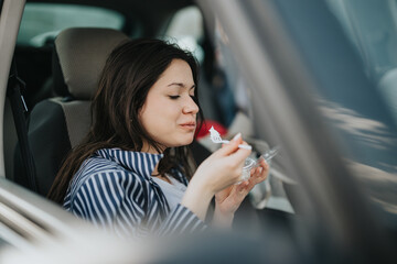 A young woman sits in her car, smiling gently as she enjoys a healthy snack from a plastic...