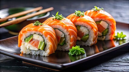 Salmon sushi roll on black plate with artistic gourmet presentation