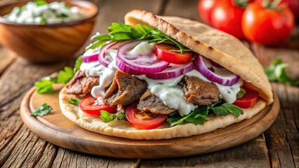 Close up of a delicious gyro sandwich with tzatziki sauce, tomatoes, and onions on a pita bread, gyro, Greek food, Mediterranean cuisine, gyros sandwich, tzatziki sauce, tomatoes, onions