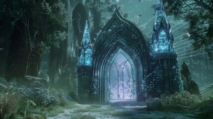 Naklejka premium Ornate crystal gate with magical patterns, leading to another dimension
